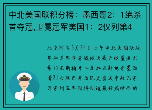 中北美国联积分榜：墨西哥2：1绝杀首夺冠,卫冕冠军美国1：2仅列第4