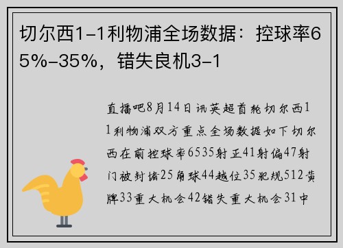 切尔西1-1利物浦全场数据：控球率65%-35%，错失良机3-1