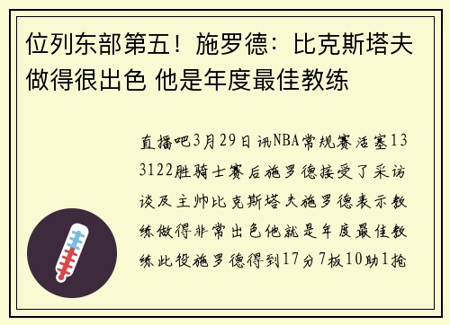位列东部第五！施罗德：比克斯塔夫做得很出色 他是年度最佳教练
