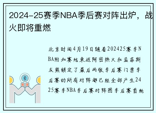 2024-25赛季NBA季后赛对阵出炉，战火即将重燃